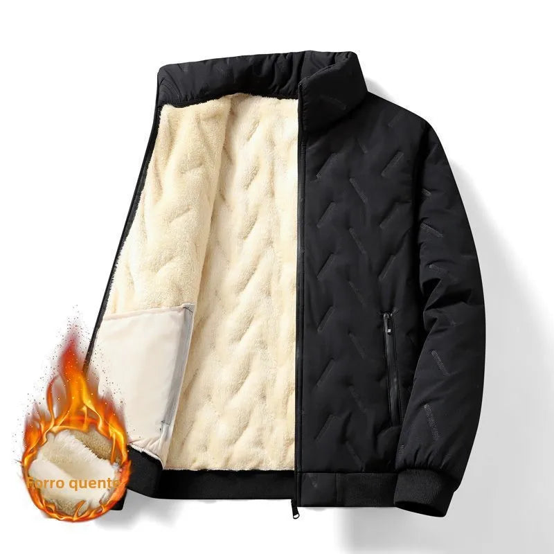 Men's Thickened Fleece Lined Cotton Jacket Stand Collar Autumn Winter Warm Windproof Large Size Casual Cleanfit Long Sleeve Coat