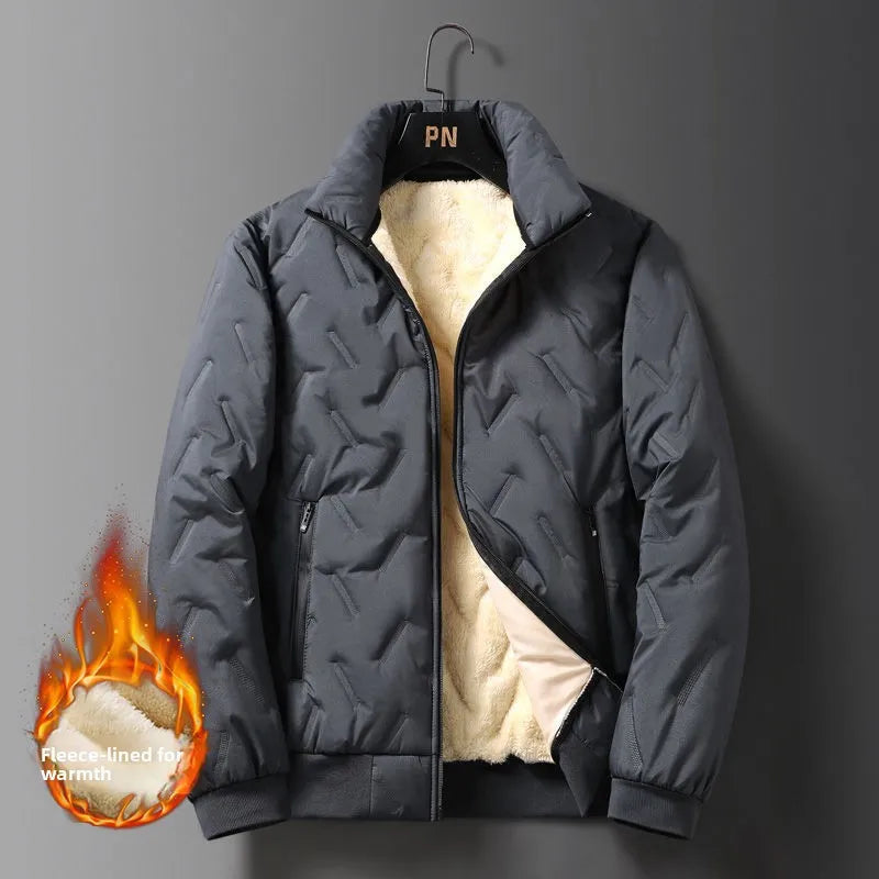 Men's Thickened Fleece Lined Cotton Jacket Stand Collar Autumn Winter Warm Windproof Large Size Casual Cleanfit Long Sleeve Coat
