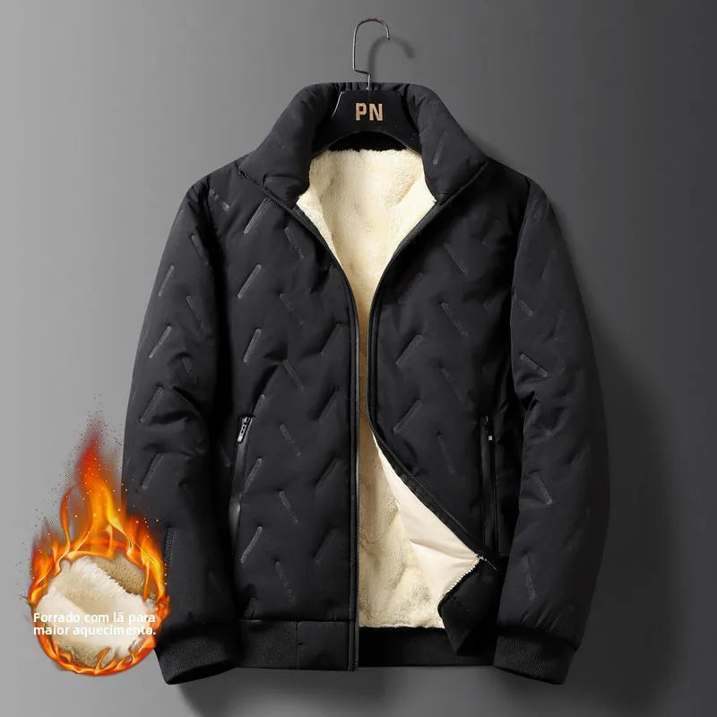 Men's Thickened Fleece Lined Cotton Jacket Stand Collar Autumn Winter Warm Windproof Large Size Casual Cleanfit Long Sleeve Coat